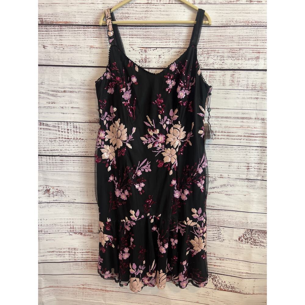 Adrianna Papell Womens Floral Sequined Cocktail Dress Black Pink Size 16w Nwt